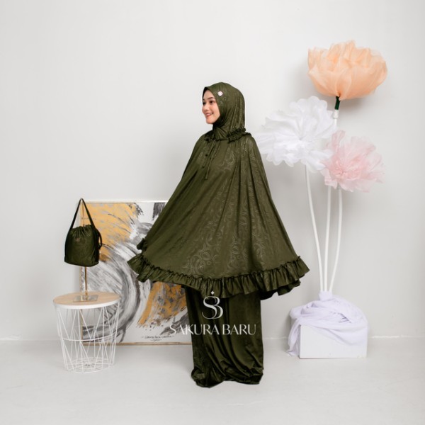 Sakura Baru X Celine Evangelista - Mukena Jumbo Salsabila Smock Jaguar Strechy Motif All Size Army Elips