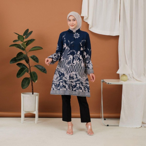 Atasan Batik Tunik Kerja Modern Motif Cunda by Kois Navy